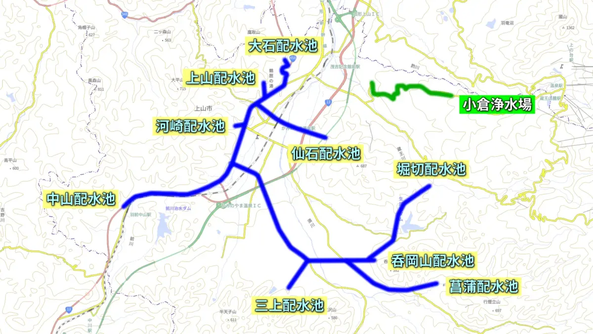 上山市の主要水道管と配水池の位置関係図 = かみのやまさいぐべ作成