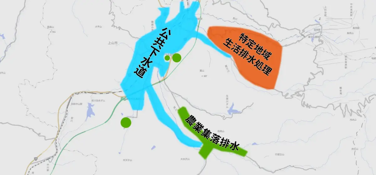 上山市における生活排水処理事業の供用範囲 = 2024年7月 かみのやまさいぐべ作成