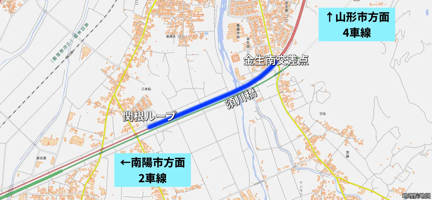 4車線化される須川橋と拡幅が行われるおおよその範囲図 = かみのやまさいぐべ作成